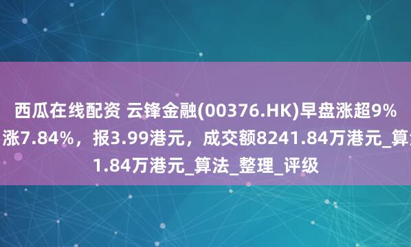 西瓜在线配资 云锋金融(00376.HK)早盘涨超9%，截至发稿，涨7.84%，报3.99港元，成交额8241.84万港元_算法_整理_评级
